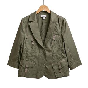 Dressbarn Khaki Olive Green Unlined Utility Cargo Pocket Blazer Jacket Size 14